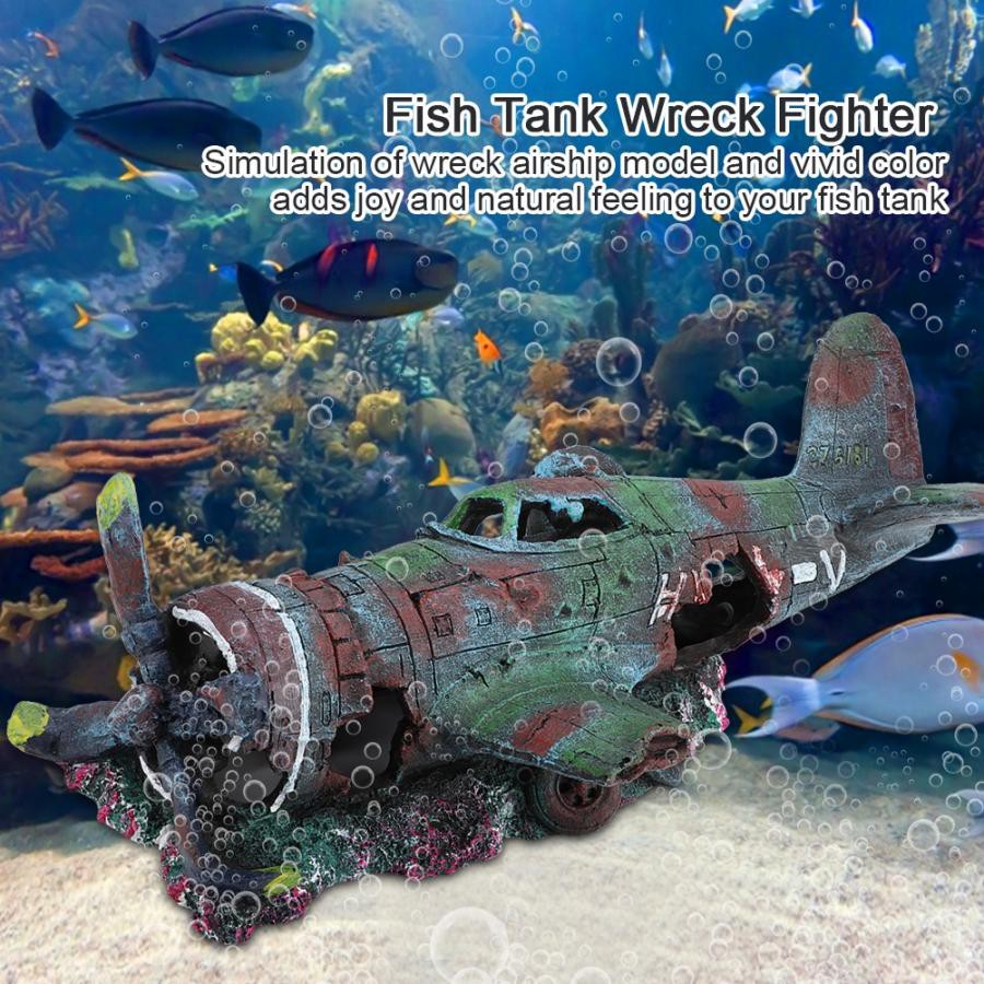 Fish Tank Aquarium Wreckage Fighter Plane Decoration Landscaping Fish Hiding Aquarium Ornament Decoration (24*10*8cm)