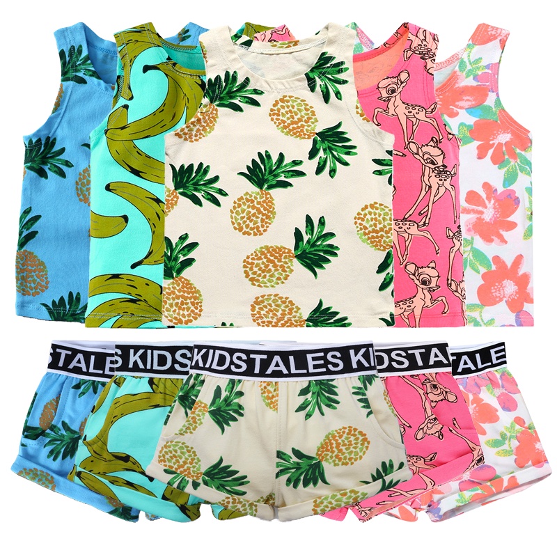 Summer 2024 Little Boys 2 Pieces Set Girls Kids Clothes For Newborn Sleeveless Pineapple Print Vest Top + Shorts Pants Infant Outfits