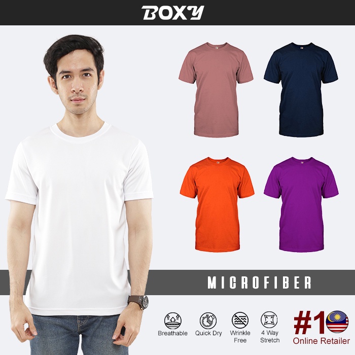 BOXY Unisex Microfiber Round Neck Plain Navy/Rosewood/Purple/Orange/White XS-3XL Short Sleeve T-Shirt | Baju Kemeja