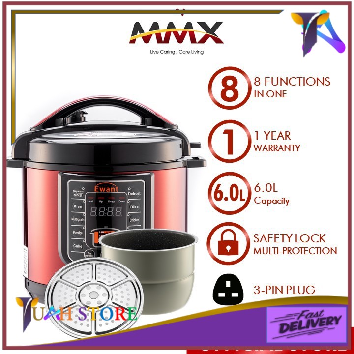 MMX Ewant 8-in-1 Multi-Function Electric Pressure Cooker - Red/Stainless Steel Pot (6L) MMXYBD6-100R