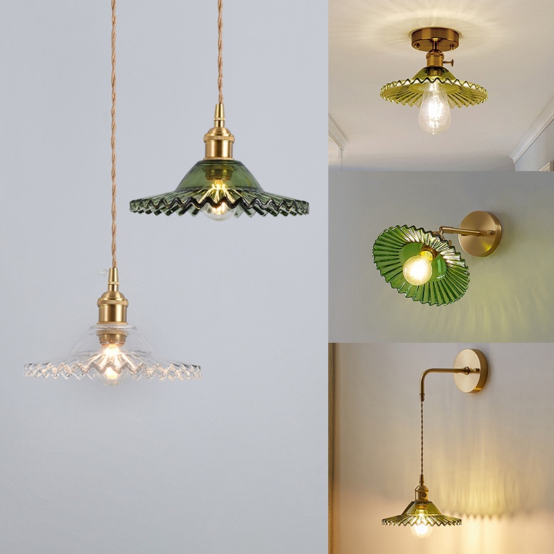 4 Type Vintage Ripples Green Glass Pendant Lights Modern Wall Lamp Bedroom Dinning Room Kitchen Corridor Ceiling Light With Switch