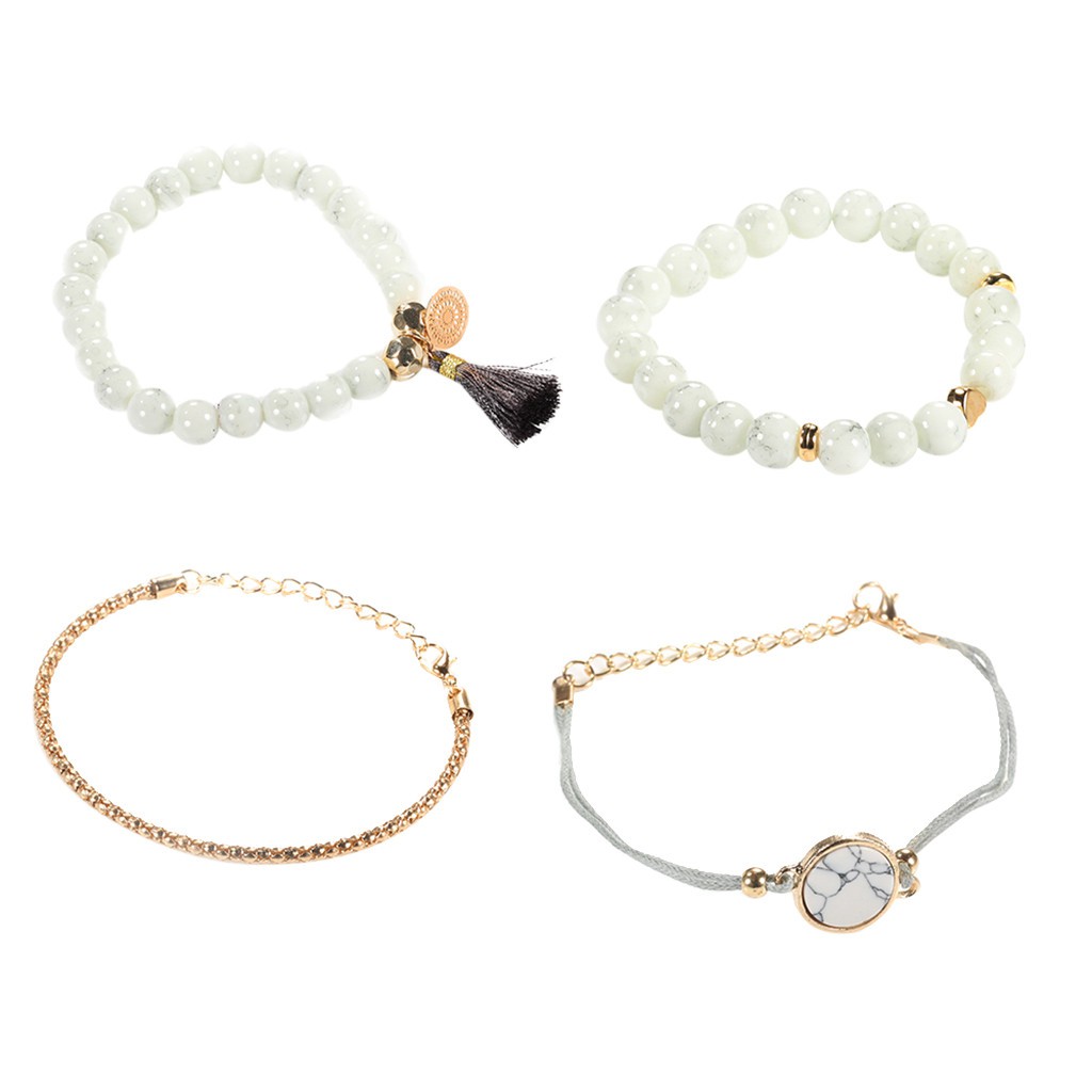 4Pcs Fashion Marble Beads Tassel Handmade Bohemian Charm Bracelets Set Jewelry
