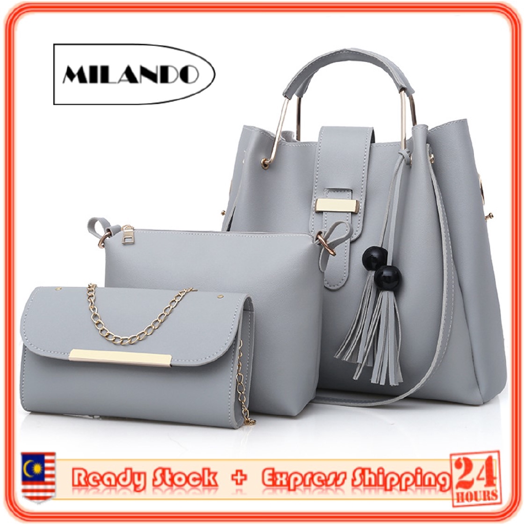 (3-in-1 )MILANDO Ladies PU Leather Handbag Set Shoulder Bag Handbag Wanita Beg Tangan (Type 34)