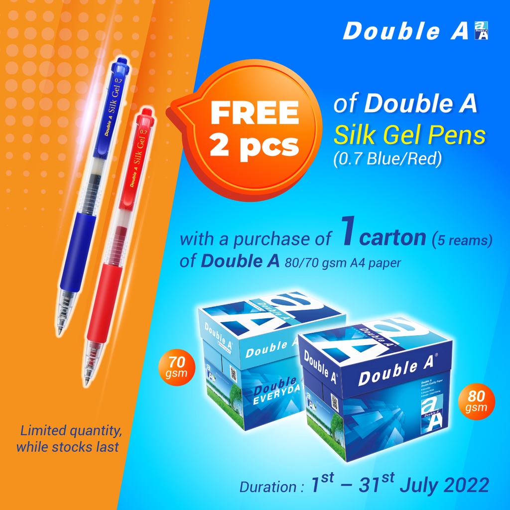 double-a-a4-paper-70gsm-1-carton-5-reams-free-2pcs-gel-pen-0-7mm