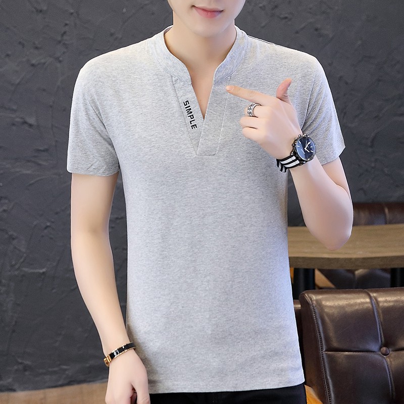 New Men's Summer Cotton t shirts Male Short Sleeve V Neck Tops tshirt Solid Color White Letter Print t shirt M-3XL