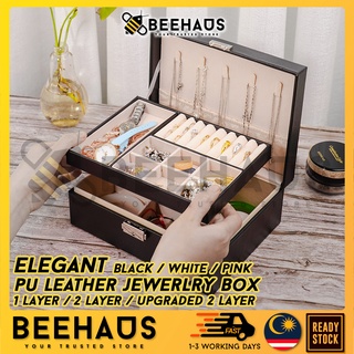 BEEHAUS PU Leather Jewelry Box Portable Storage Box Jewellery Box Organizer for Earring Necklace Ring Kotak Barang Kemas