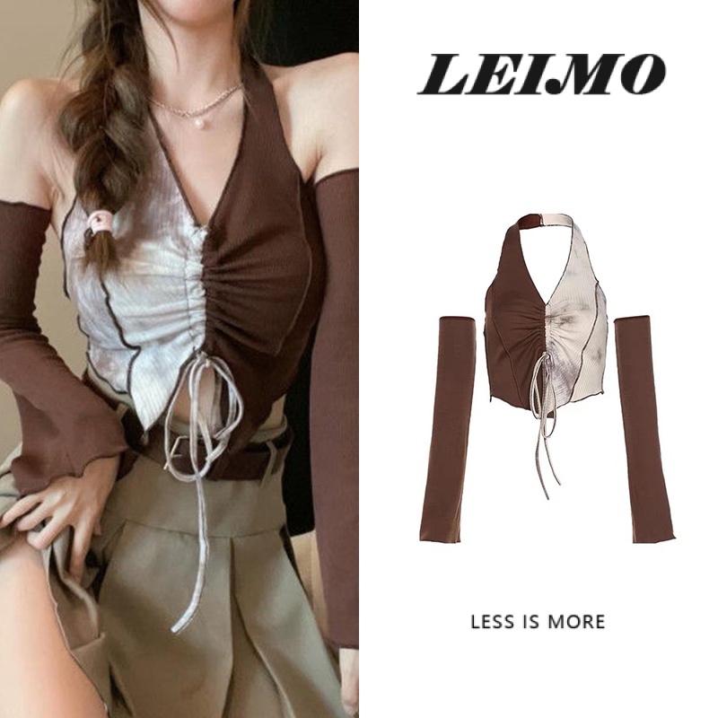 Irregular croptop Women's Drawstring Retro Long-Sleeved Top