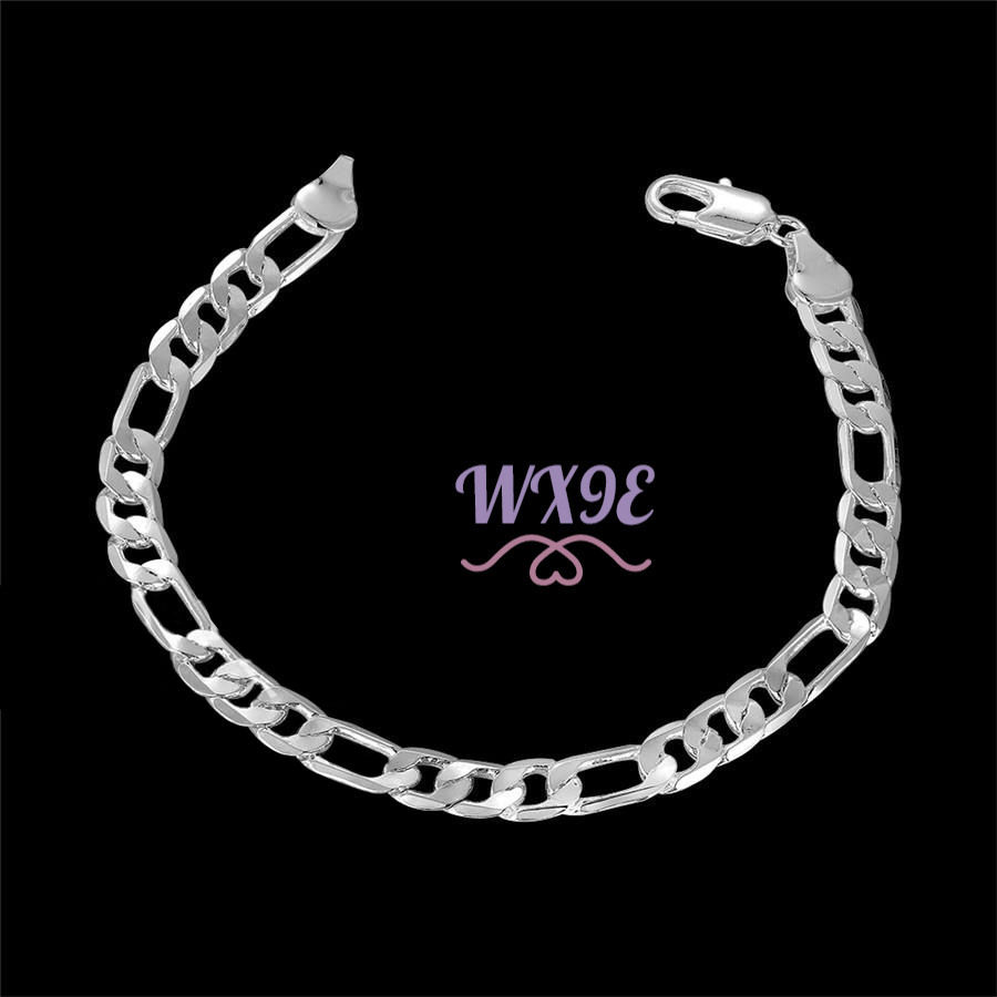 WX9E New Fashion Jewelry 925 Sterling Silver 6MM Flat Sideways Chain Bracelet For Unisex Man Women Gift MY