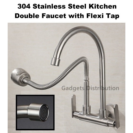 304 Stainless Steel Wall Mounted Double Faucet Flexible Water Tap 1 in 2 out 2 Way Wall Mount