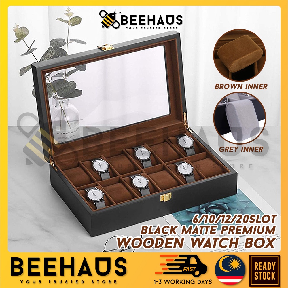 BEEHAUS Premium Quality Matte Black Wooden Watch Box Jewelry Display Storage Box 6/10/12slot Kotak Jam Jewellery