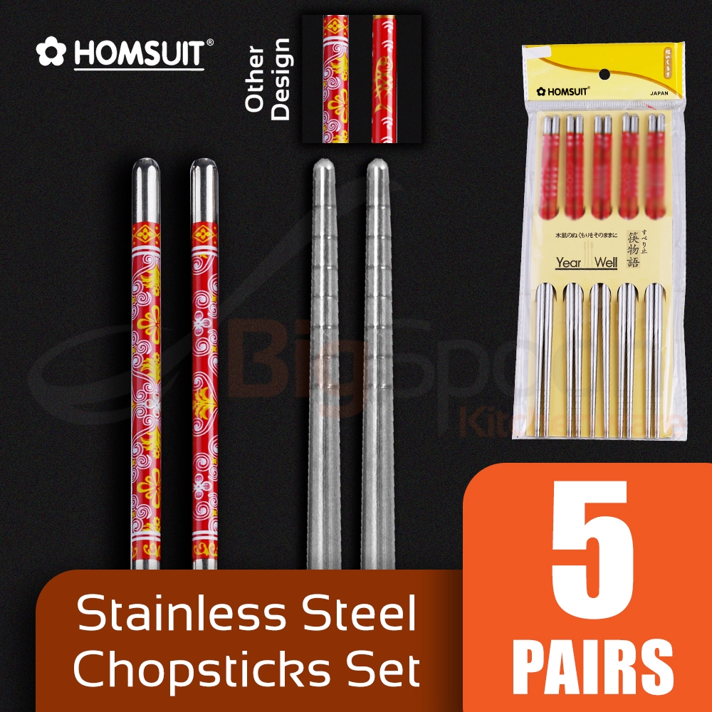 BIGSPOON HOMSUIT 5-Pair Stainless Steel Chopsticks with Design Chopstick Set Tableware Cutlery