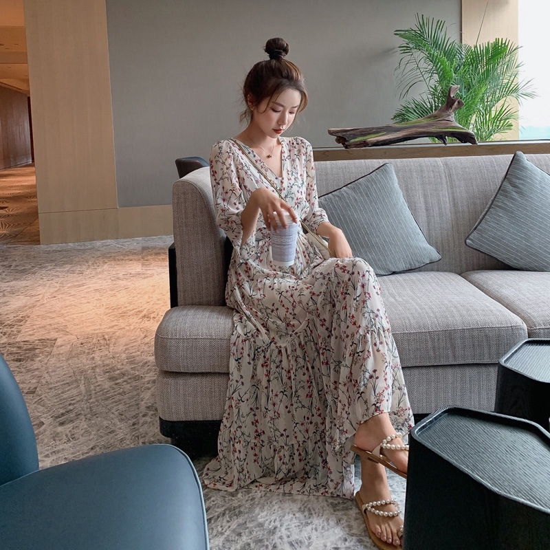 bohemian floral beach korean women ladies chiffon summer maxi dress ready stock