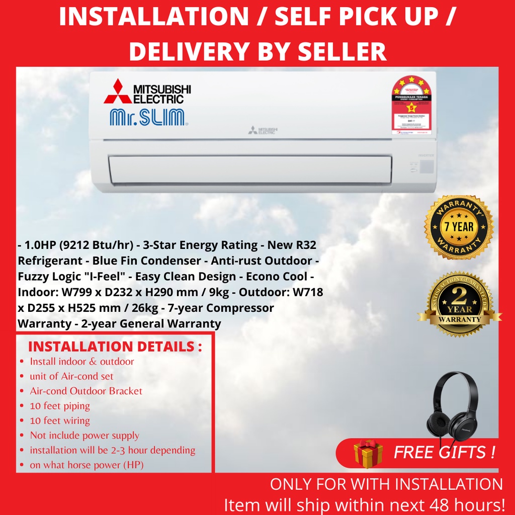 Mitsubishi airconditioner 1.0 HP Standard Inverter MSY-JS10VF/MUY-JS10VF + R32 Refrigerant Penghawa Dingin