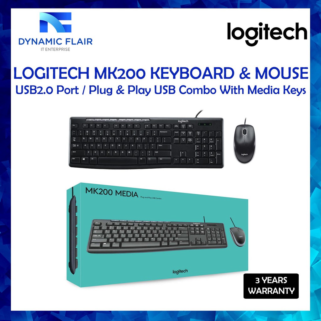 Logitech MK200 Media Corded USB Wired Keyboard Mouse Combo Set MK200