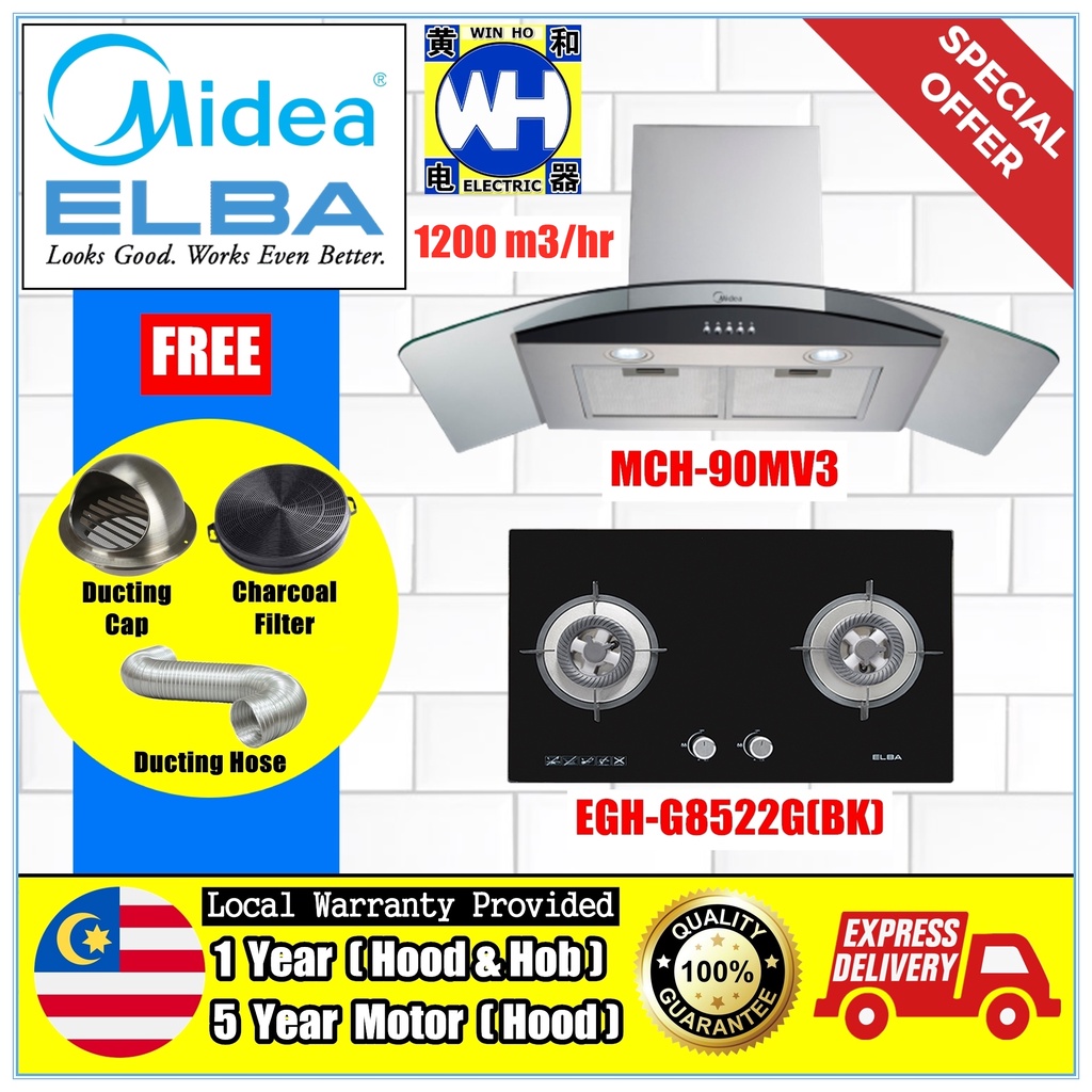 SET 01) MIDEA MCH90MV3 Cooker Hood with Charcoal Filter and