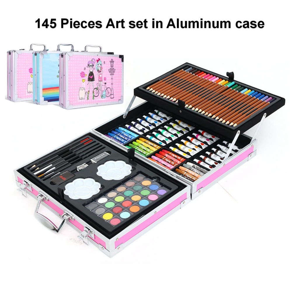 Drawing & Painting Set Art Equipment Supplies ARYA | 144 Piece Premium Art Set with Portable Aluminium Case Blue Childrens Design 