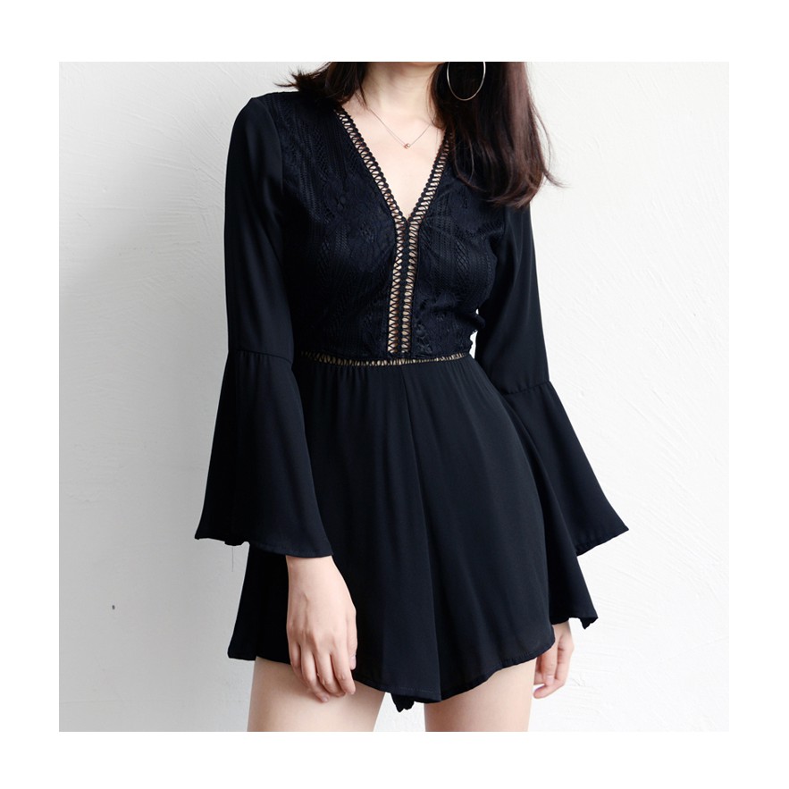S233B - Elsa Bell Bottom Sleeve Bare Back Deep V Jumpsuit (Premium)
