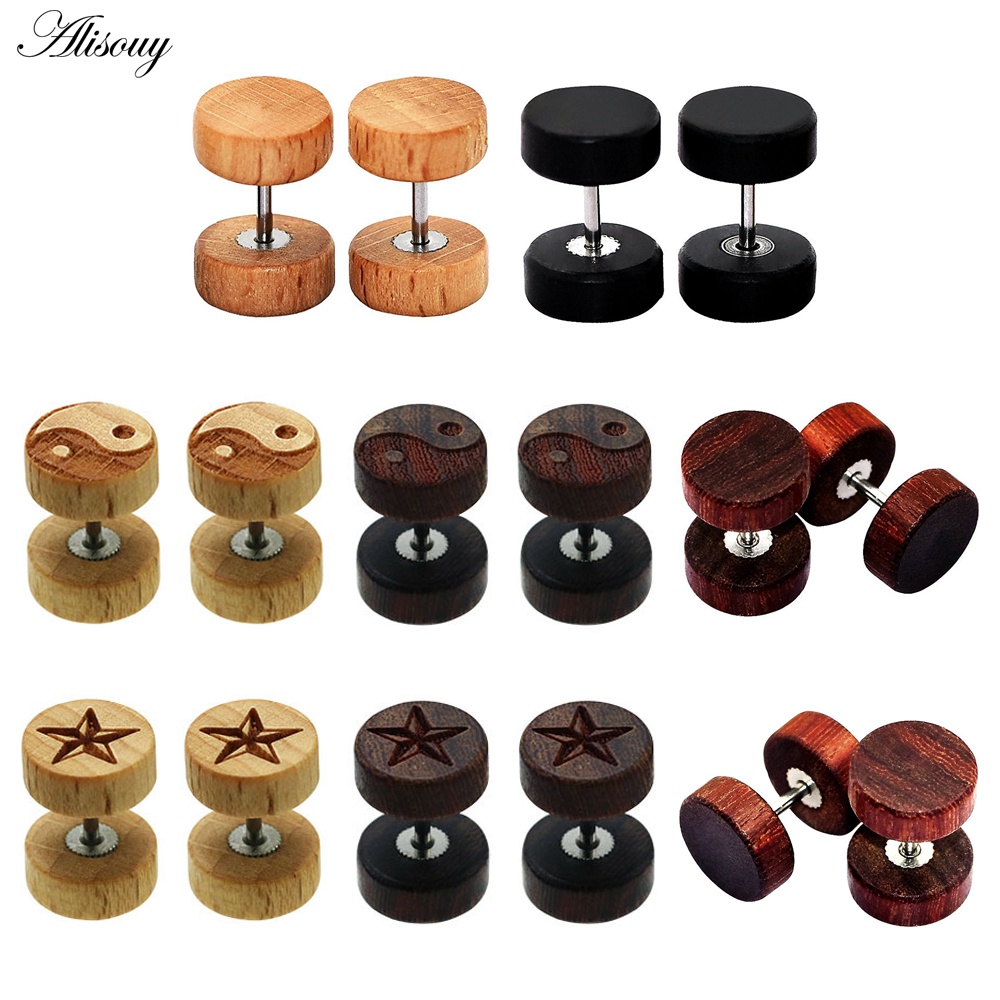 Alisouy 2Pieces Punk Wooden Ear Stud Earrings Natural Brown Black 6/8/10/12mm Barbell Fake Ear Plugs Tragus For Men Women