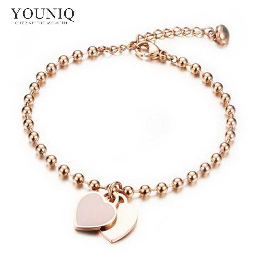 gelang tangan lelaki YOUNIQ 18K Rosegold Twice Love Lucky Two Heart Dangle Bracelet x NASOM Charity Hand Painted Gift Bo