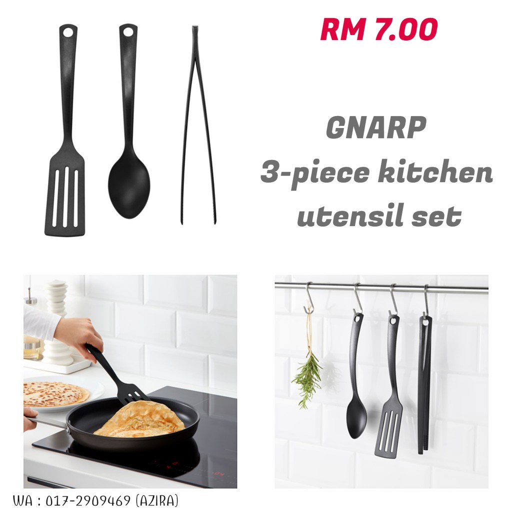 IKEA GNARP 3 PIECE KITCHEN UTENSIL SET BLACK PLASTIC NON STICK COOKING