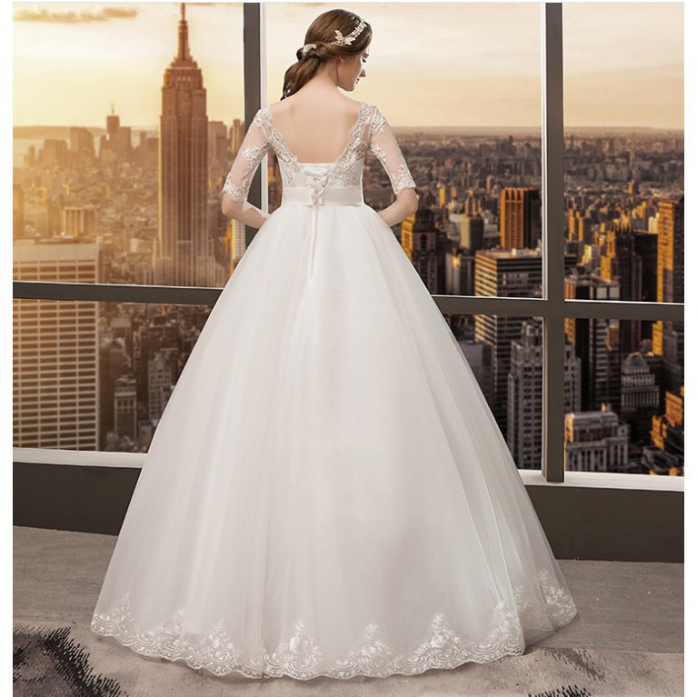 Embroidery Short Sleeve Lace Princess Bride Gown Full Length White