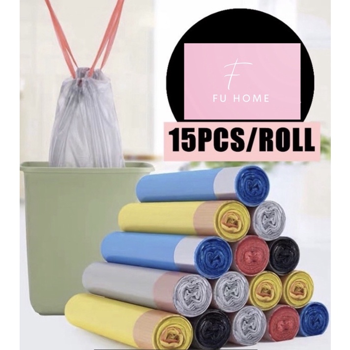 [FAST DELIVERY]Garbage Bag with Drawstring(15pcs/Roll) Dustbin Bag