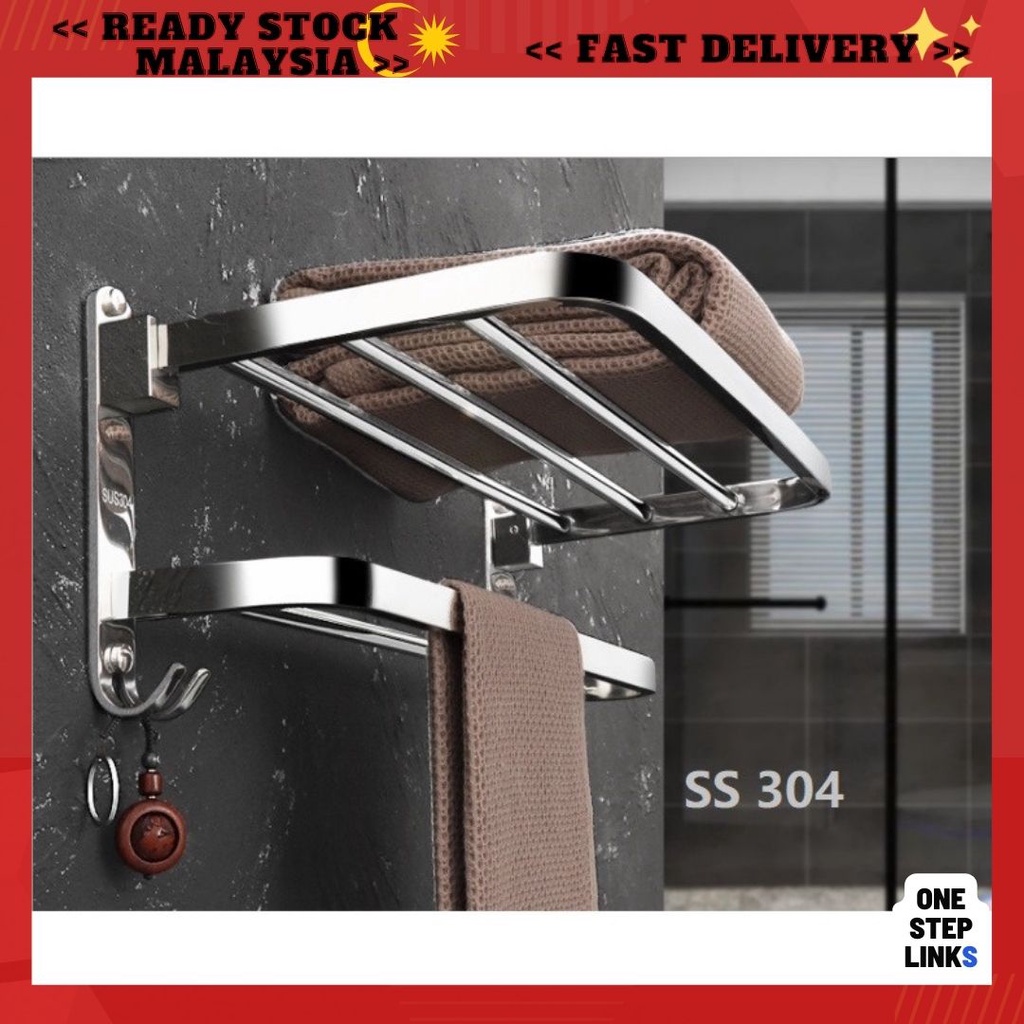 60cm Stainless Steel 304 Bathroom Towel Rack Toilet Towel Hanger Shampoo Holder Shelve Rak Tuala
