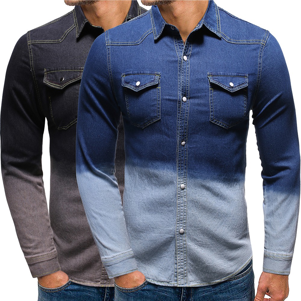 mens long sleeve blue jean shirts