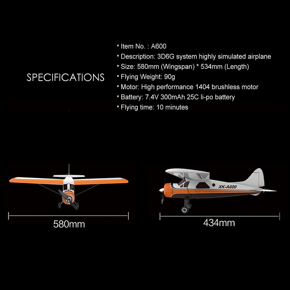 XK DHC-2 A600 4CH Brushless Motor 3D//6G RC Airplane 6 Axis Fixed Wing Glider Toy