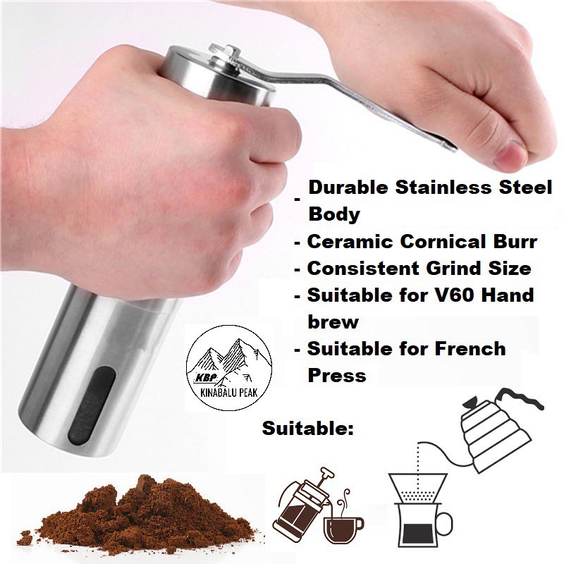 Portable Coffee Hand Grinder Stainless Steel Built Light Weight Cornical Burr For V60 Hand Brew Pour Over & French Press