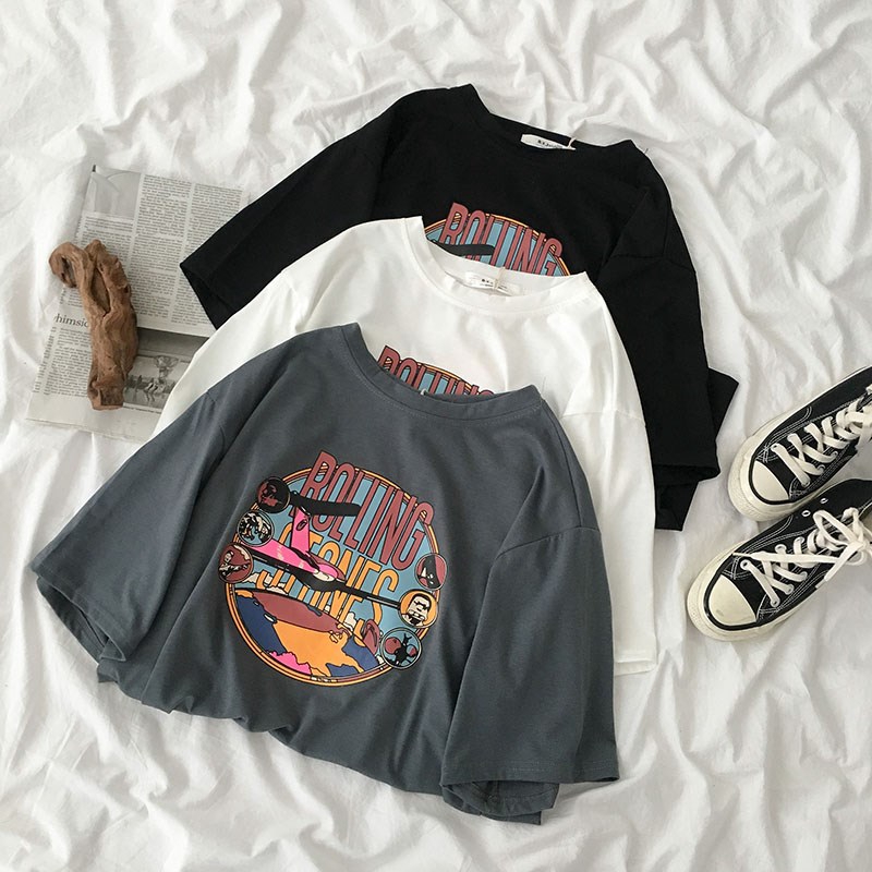 Women s Korean Style Oversize Short sleeved Loose Printed 