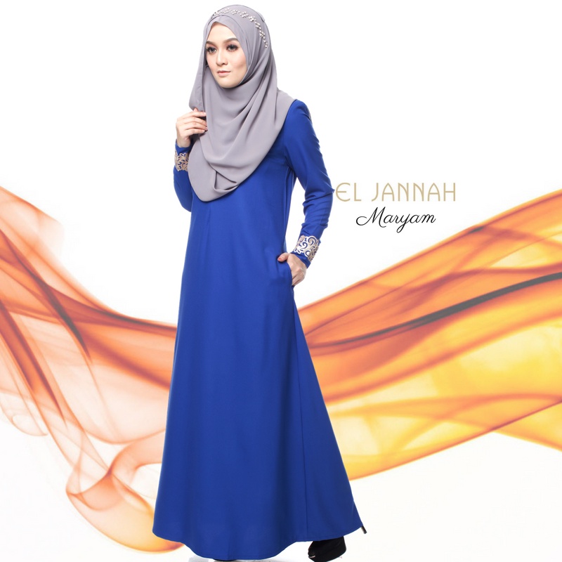 Jubah El Jannah Maryam Royal Blue Biru A Cut Kembang Selesa Poket Nursing & Wudhuk Friendly