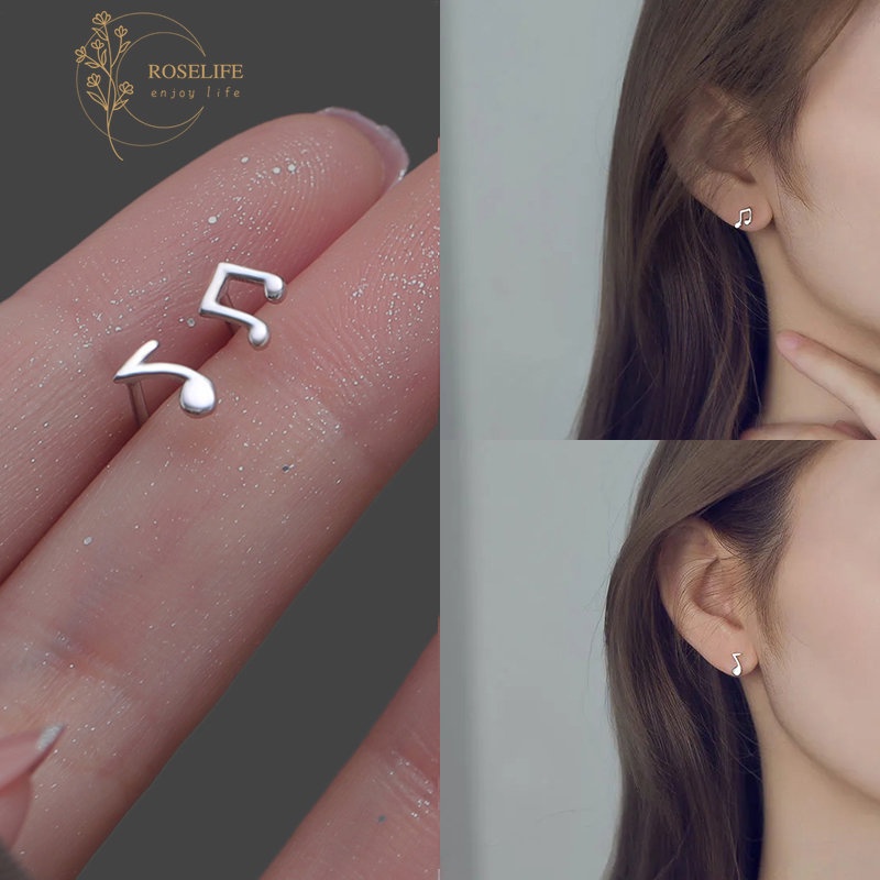 Roselife Simple Fashion S925 Silver Asymmetrical Musical Note Stud Earrings for Women Korean Girls Anti-allergy Mini Ear Jewelry 1 Pair