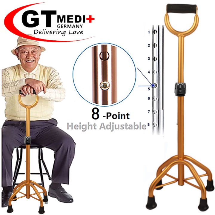 GT MEDIT GERMANY 8 Point Adjustable Height Quad Base Cane Walker Foldable Crutch Walking Aid Mobility Stick / Tongkat