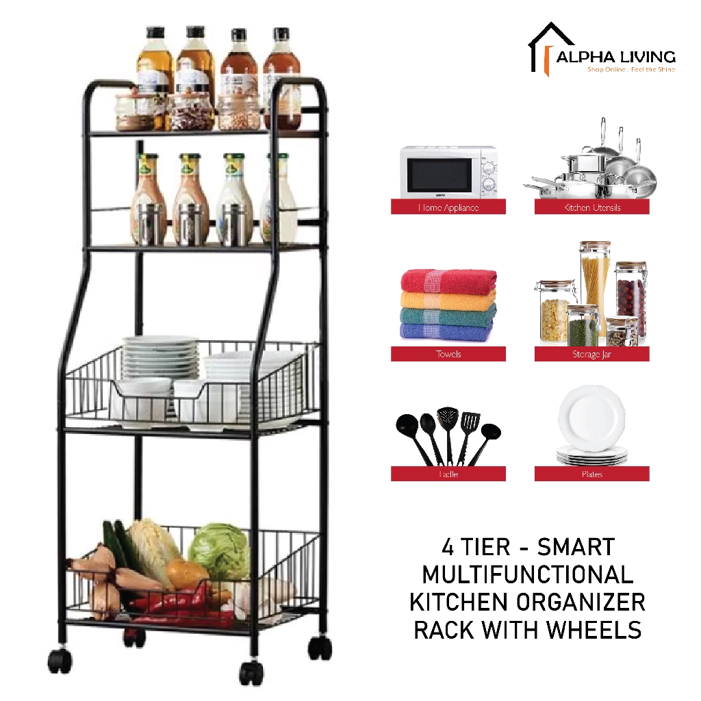 READY STOCK!! 4 Tier Kitchen Rack Home Storage Shelf Organiser Basket Trolley with Wheels (KTN0158)