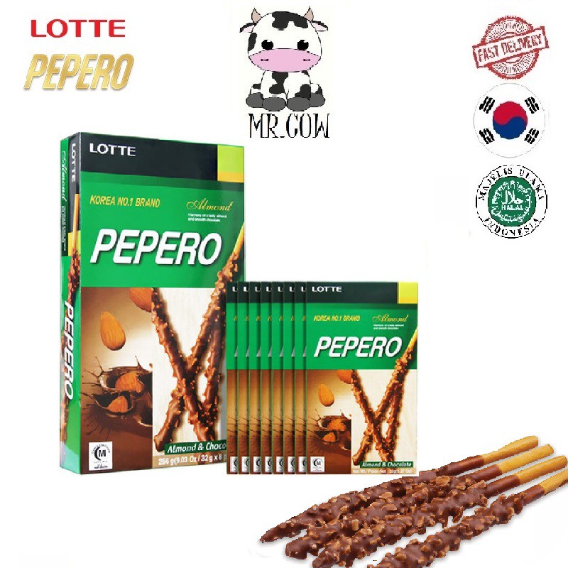 EXP: 3/25 HALAL Lotte Pepero Almond & Chocolate Stick Biscuit 8 x 32g (256g)