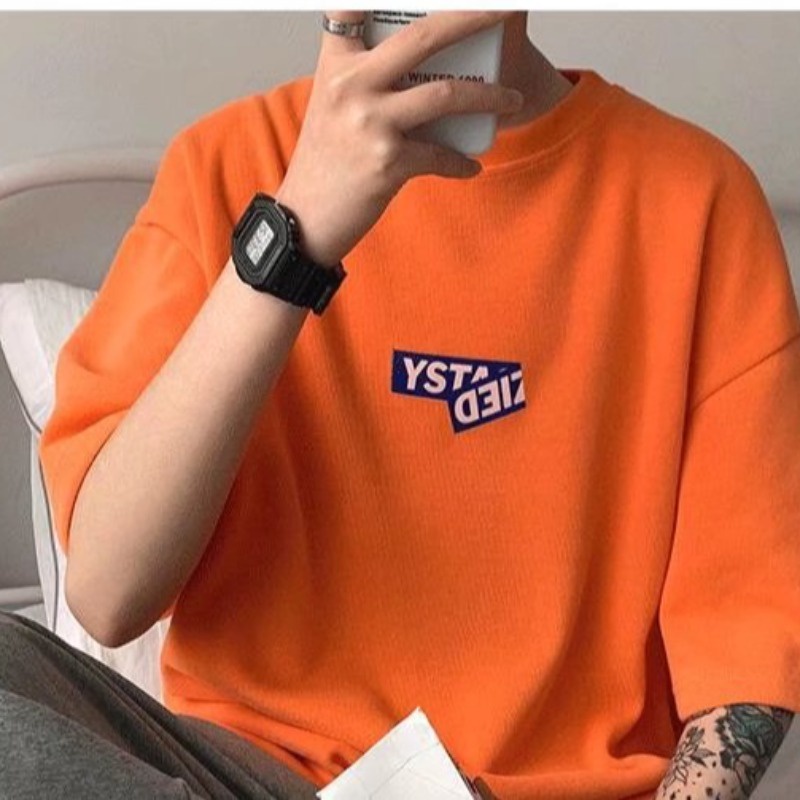 Couple T-Shirt Cotton Pullover Oversize Short Sleeve Plus Size Tshirt Retro High Quality orange Letter Print T-shirts Oversized Half Sleeves Youth Tees