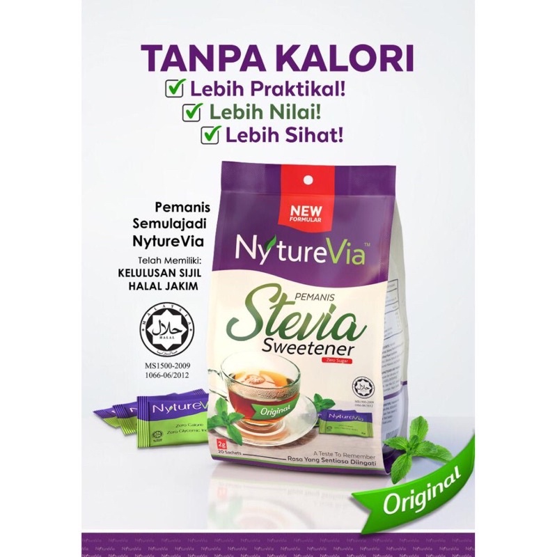 STEVIA NYTUREVIA SWEETENER ( Pengganti Gula Inovasi Stevia Serbuk Lab Proven JAKIM HALAL