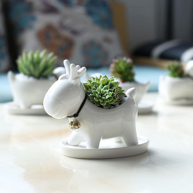 White Ceramic Cute Flower Pot Office Desk Christmas Elk Pots for Cactus