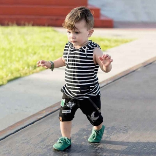 2Pcs Infant Toddler Baby Boys Clothes Set Sleeveless Flower Hoodie Black Leaf Print Shorts Summer Outfit
