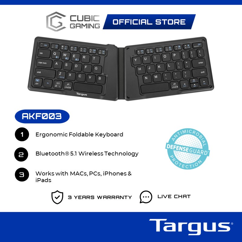 Targus Bluetooth Keyboard AKF003 Ergonomic Foldable Antimicrobial