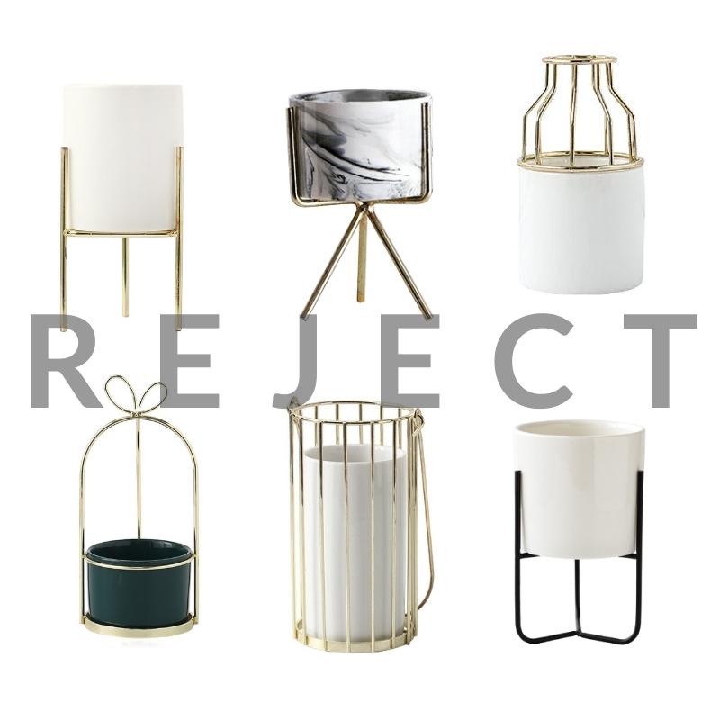 REJECT Mini Marble White Green Plant Pot with Gold Cage Ribbon Effect