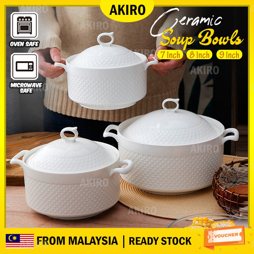 AKIRO Ceramic Stockpot Soup Bowls With Cover Microwave & Dishwasher Safe Maggi Soup Pasta Pot Mangkuk Sup Periuk 陶瓷汤锅锅