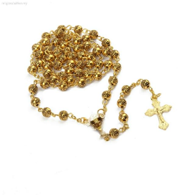 Vintage Metal Beads Catholic Rosary Golden Rose Chalice Cross Rosary Necklace