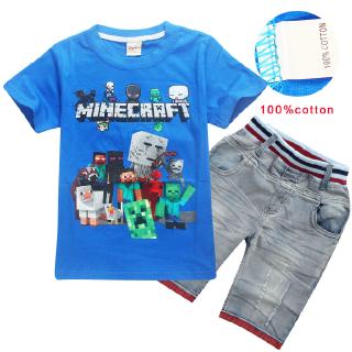 Cotton Roblox Short Sleeve T Shirt Denim Pants 100 Cotton Tops Washed Soft Jeans Boys 100 Cm 140 Cm Shopee Malaysia - white shirt with light blue overalls pants roblox