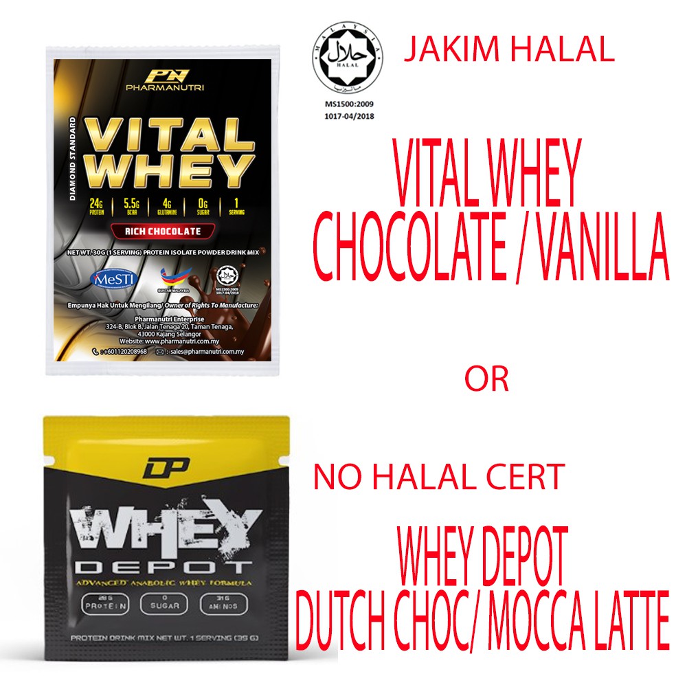Vital Whey Isolate Jakim Halal Sachet (30g), 24g Protein Isolate 0g