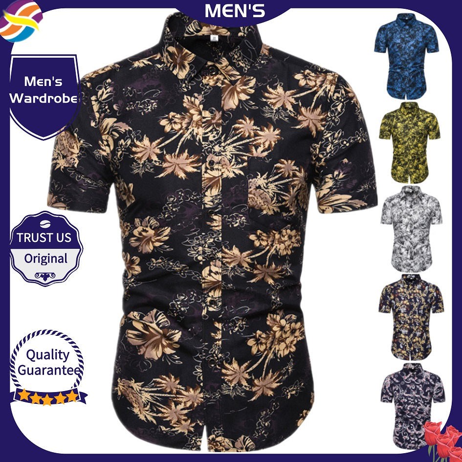 HOT Men's Shirt Short Sleeve Print Baju Men Kemeja Batik Lelaki Casual ...