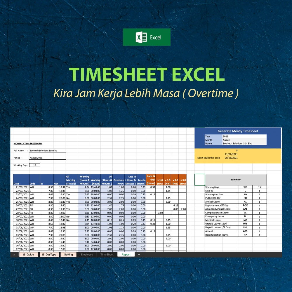 Timesheet Excel Kira Jumlah Jam Kerja Lebih Masa / Overtime (OT)