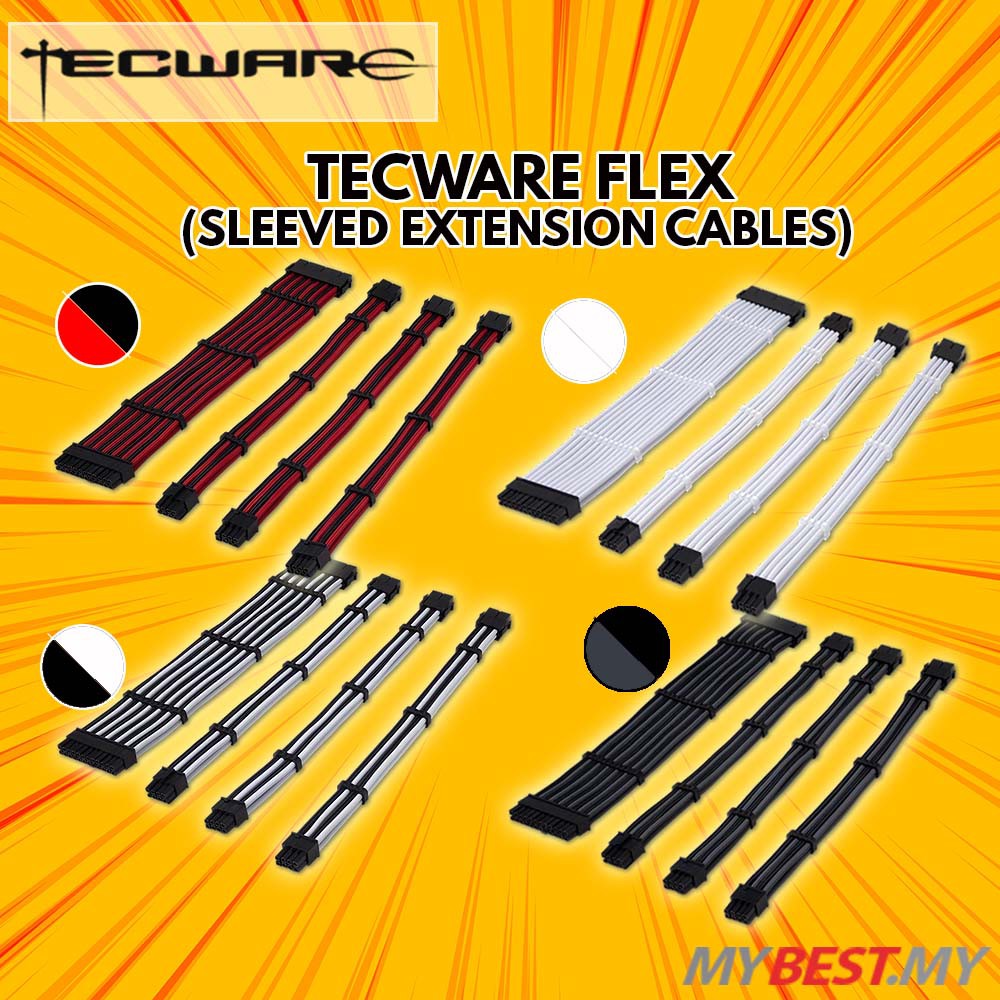 Tecware FLEX PSU Extension Sleeved Cables White, Black/Grey, Black