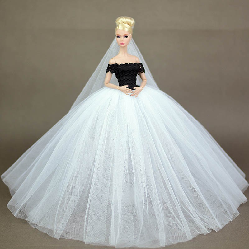 Black Lace White Wedding Dress For Barbie Doll Princess Evening